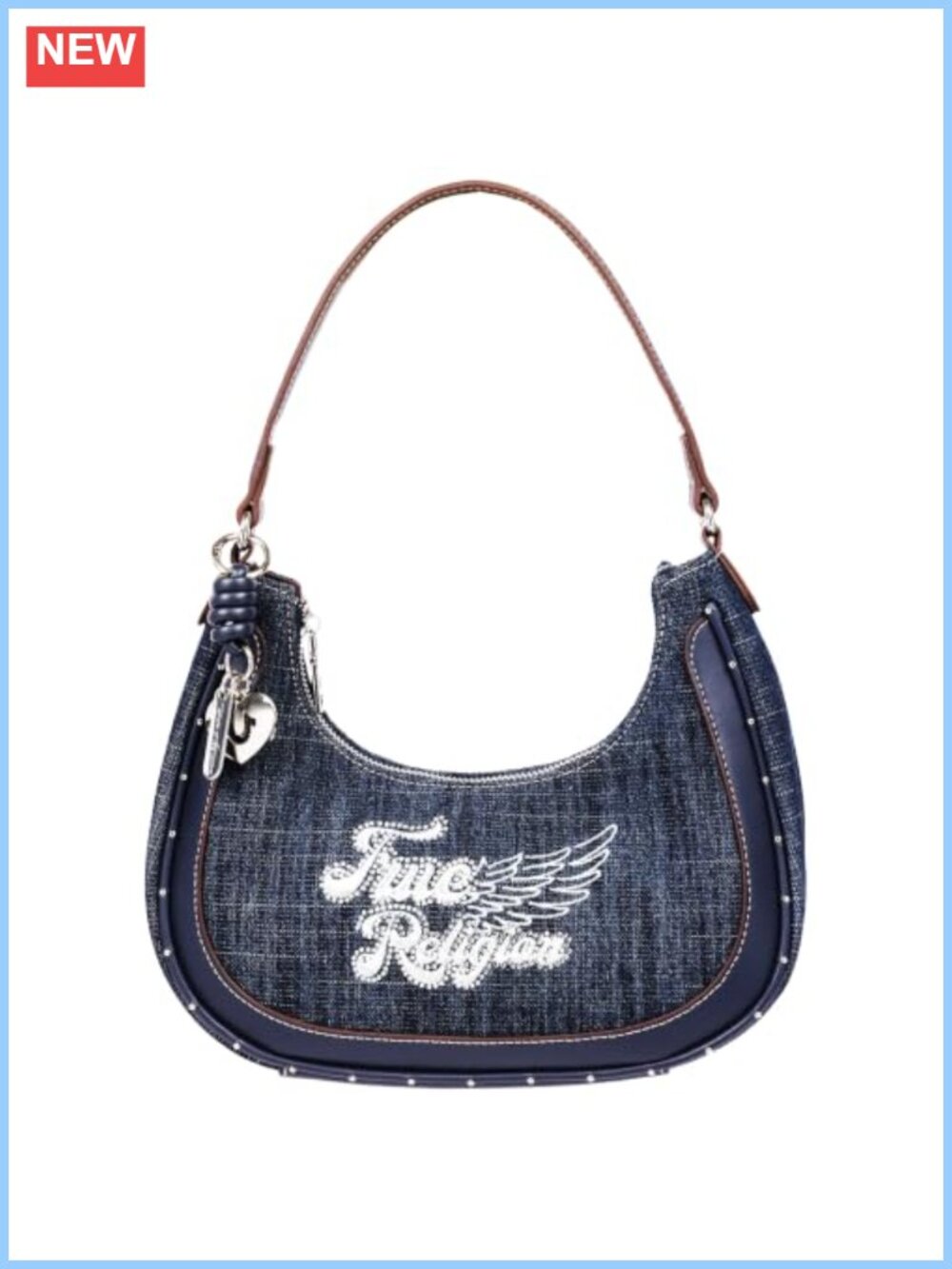 Hobo Bag with Wing Motif Embroidery Studded Denim Polyester Cotton Blend